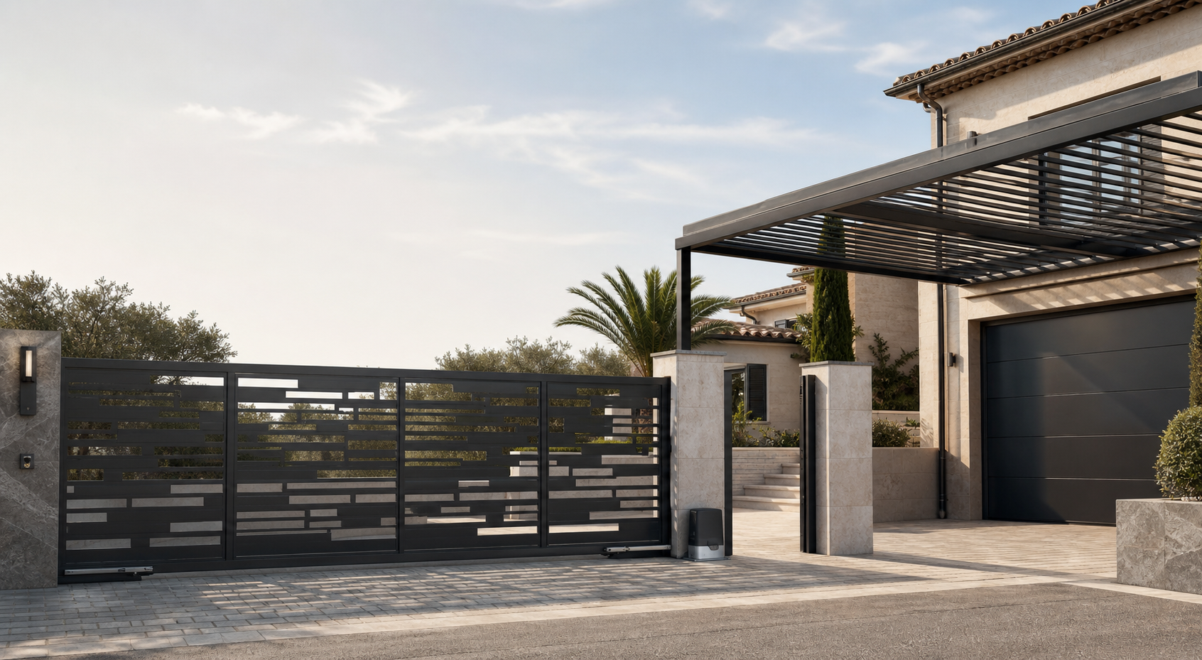 Modern metal gate, pergola, and garage door installation